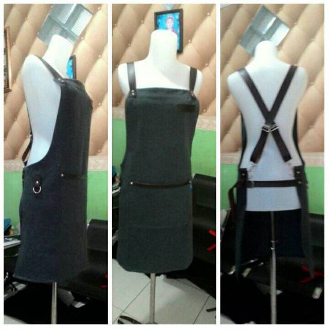 Celemek / Apron Barista Denim Cynthetic Leather Strap &quot;x&quot;( abu tua)