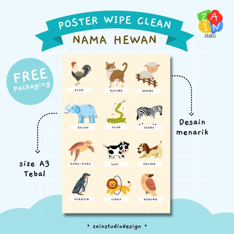 POSTER ANAK - POSTER BELAJAR EDUKASI TK PAUD NAMA HEWAN SERI 2
