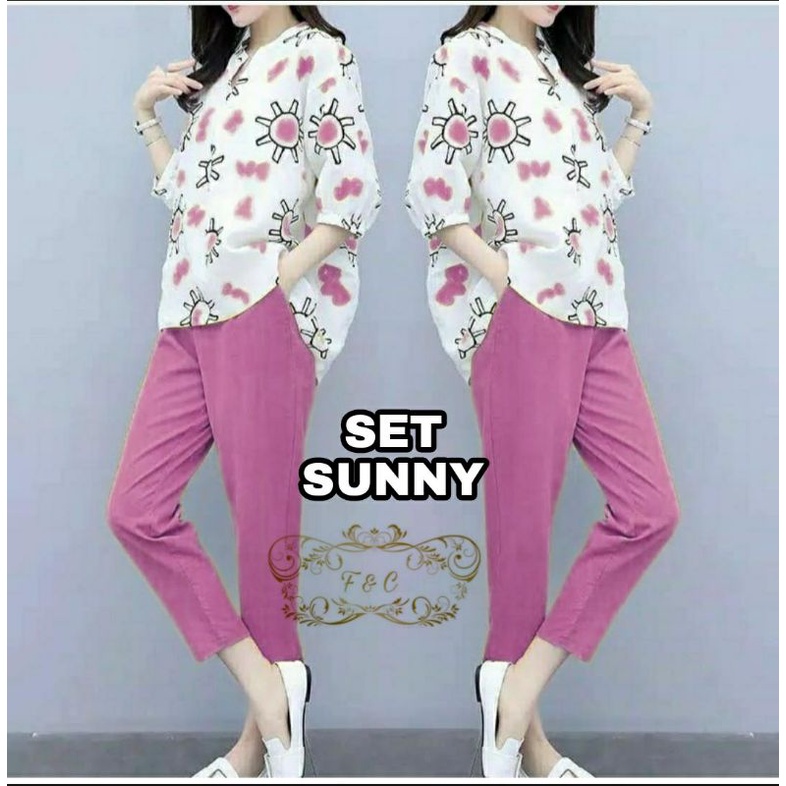 3 UKURAN M L XL SET SUNNY PAKAIAN WANITA SETELAN ATASAN DAN CELANA BABYTERRY FEHM