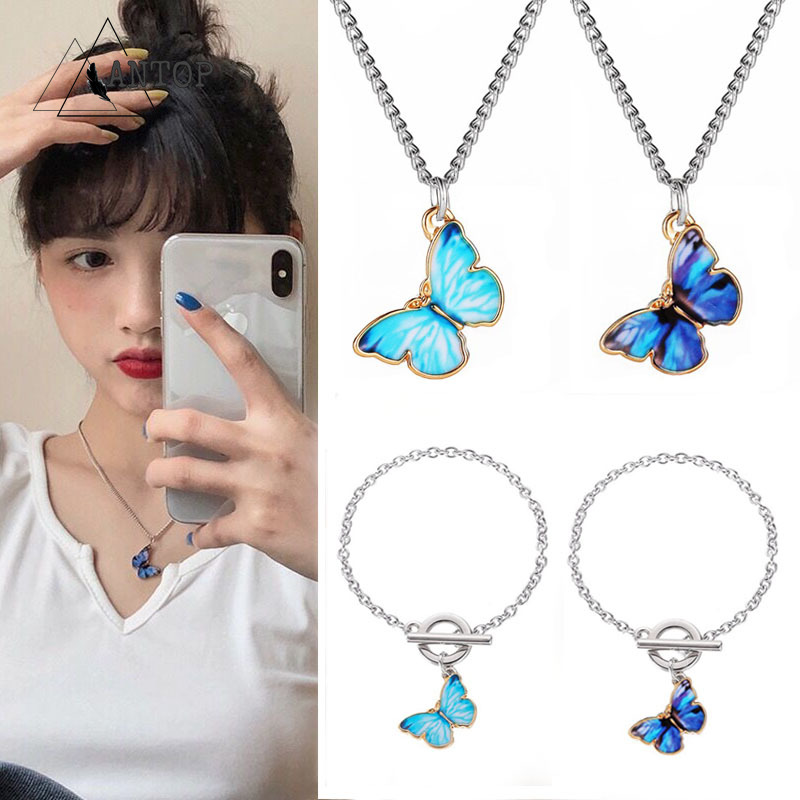 Kalung Kupu-kupu Rantai Clavicle Warna Biru Gelang Gaya Korea Untuk Wanita