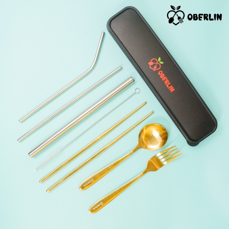 sendok korea set full gold 410+ sedotan stainless set