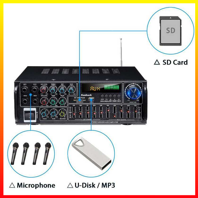 Ampli Hi-Fi Stereo Audio Amplifier Bluetooth EQ Karaoke FM 2000W Remot Kontrol Radio FM Slot Kartu SD dan USB - Sunbuck AV-326Z PLUS - 4PSK07BK