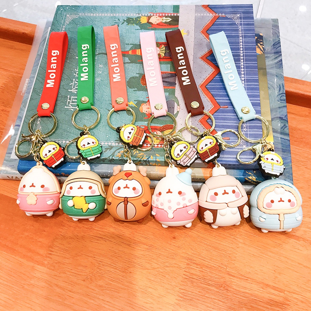 Needway  Fashion Jewelry PVC Key Ring Rubber Bag Molang Rabbit Keychains Women Lovers New Cute Car Charm Cartoon Pendant/Multicolor