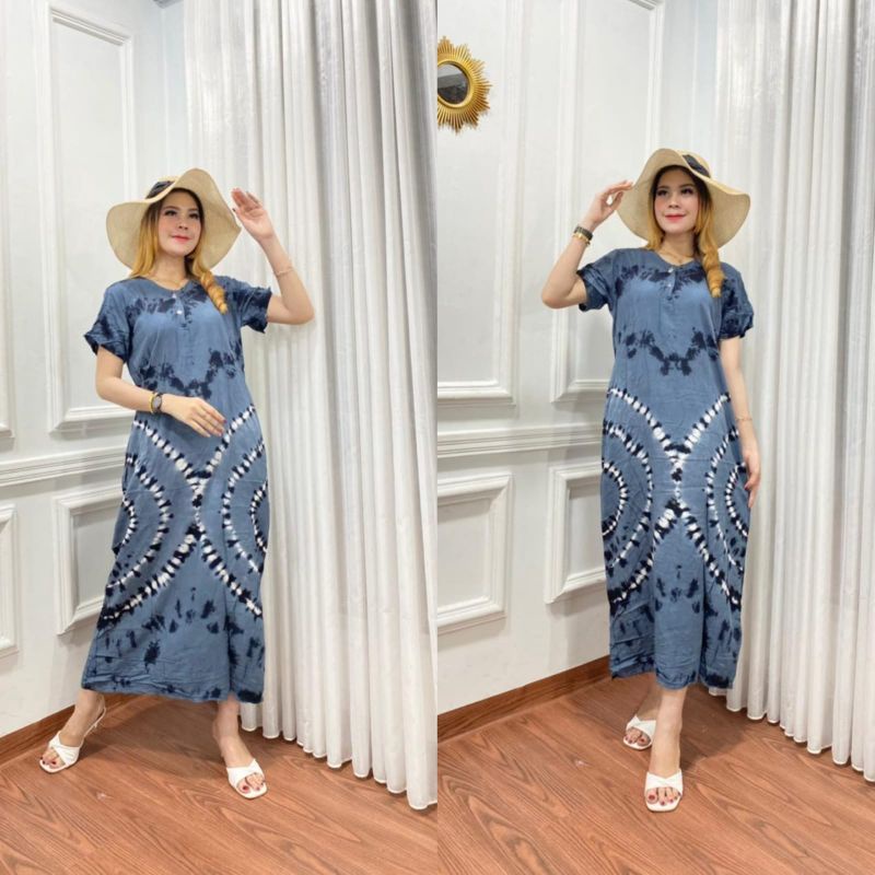 Daster panjang galaran kancing depan busui tali samping motif viral tiedye shibori-SK Cimori Abu