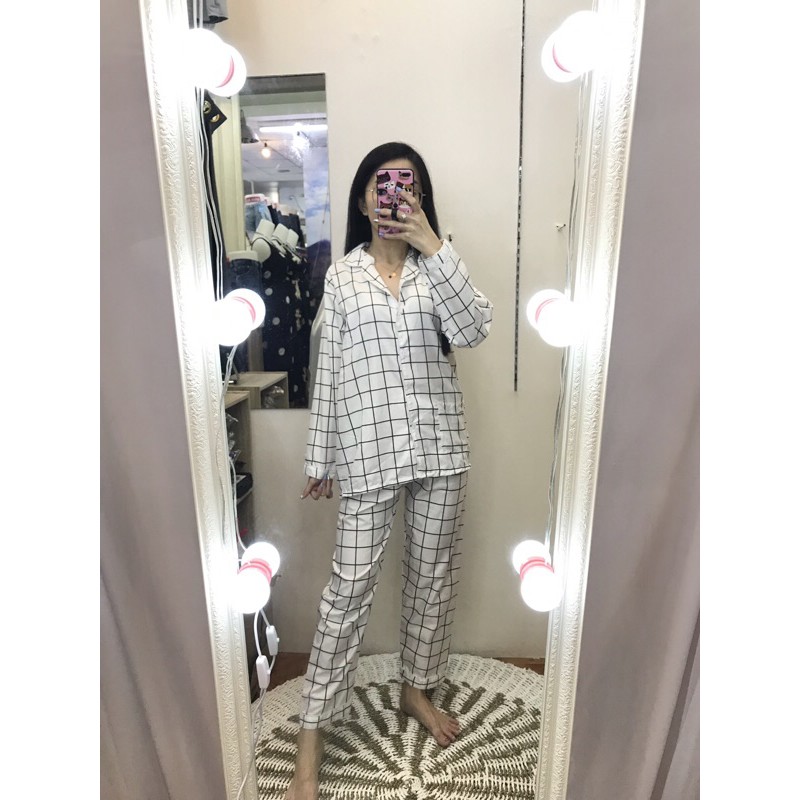 piyama/pajamas kotak&quot; PP putih murah.homewear/sleepwear/bajutidur cwe PP tartan white kekinian