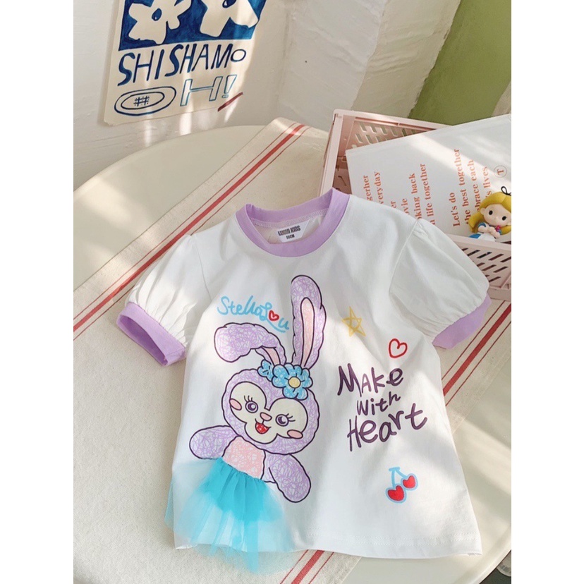 Kaos T-shirt Anak Perempuan Motif Stella Lou Lucu 3D Mesh Puff Sleeve