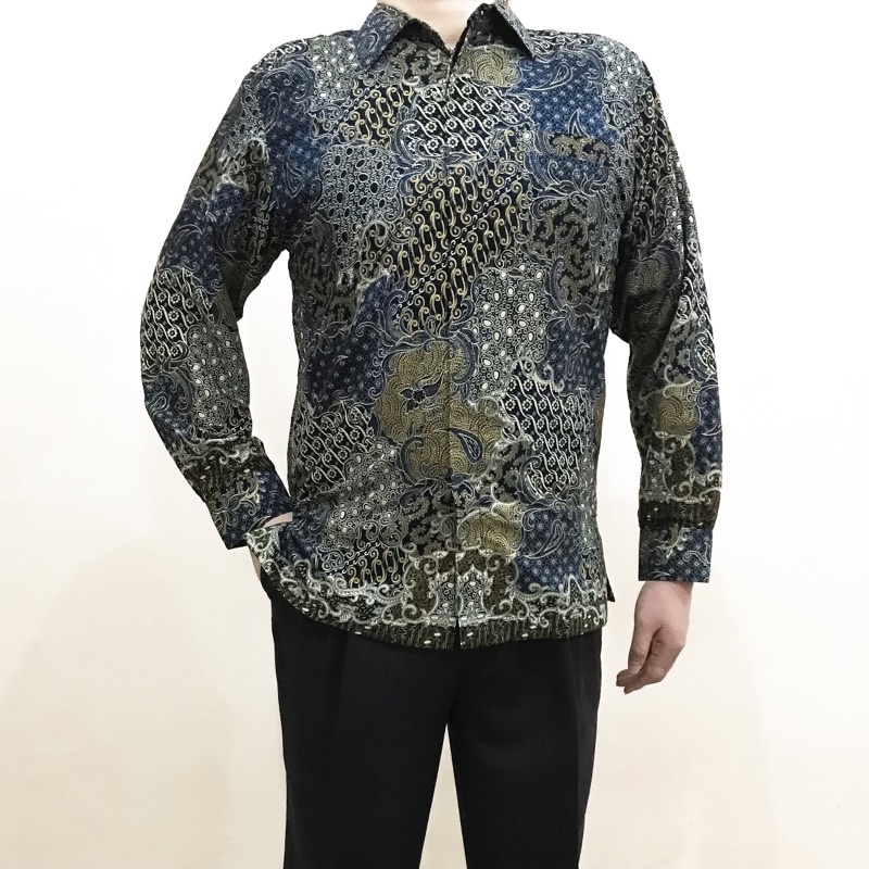 Batik Shirt Modern Pria Satin (Navy Blue & Gold)