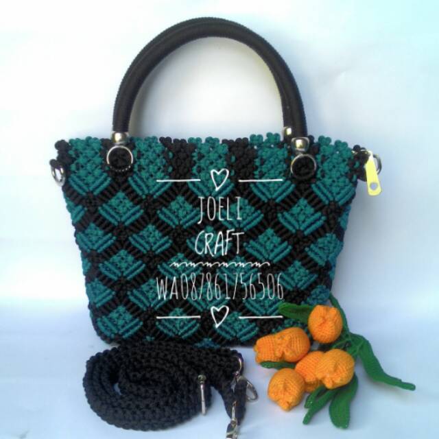 Tas talikur  motif kipas hitam kombinasi hijau tosca