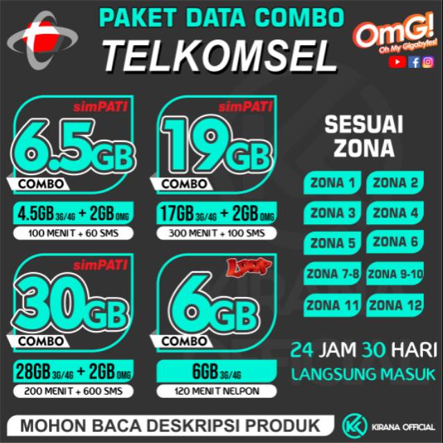 PAKET DATA TELKOMSEL COMBO + OMG - SIMPATI 6,5GB/19GB/30GB - AS 4GB  - LOOP 6GB [ 24 JAM - 30 HARI ]