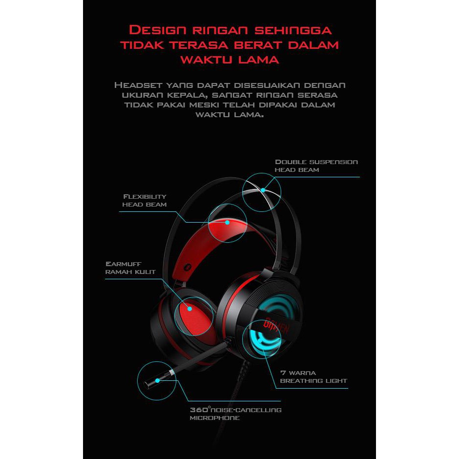 Headphone Bando GAMEN GH110 7 Color Breathing Lights Gaming Headset LED Lighting