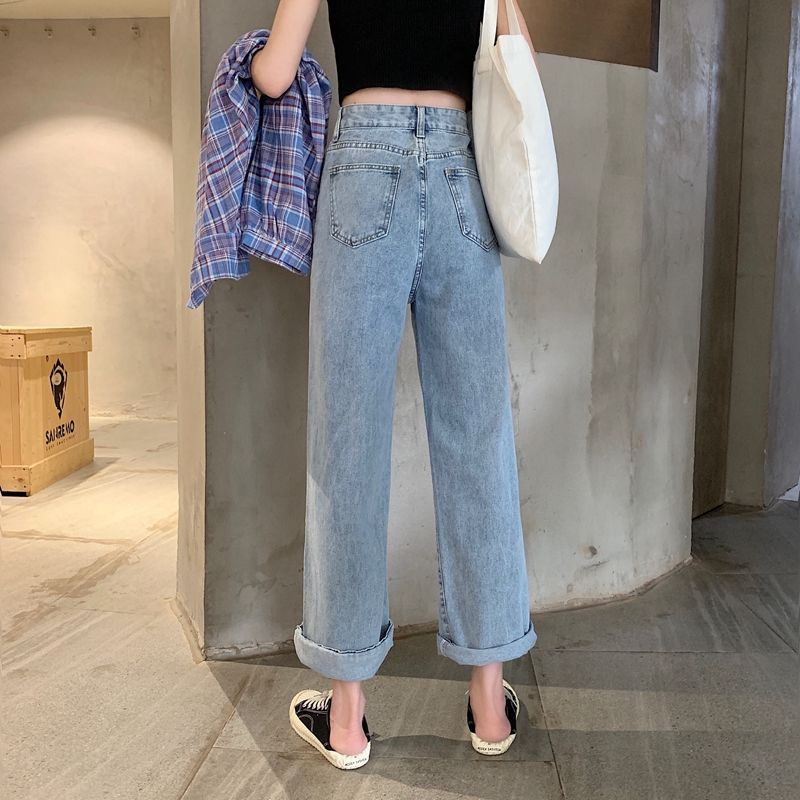 Mode Lurus Tinggi Perempuan Korea Pinggang longgar lebar Leg Jeans