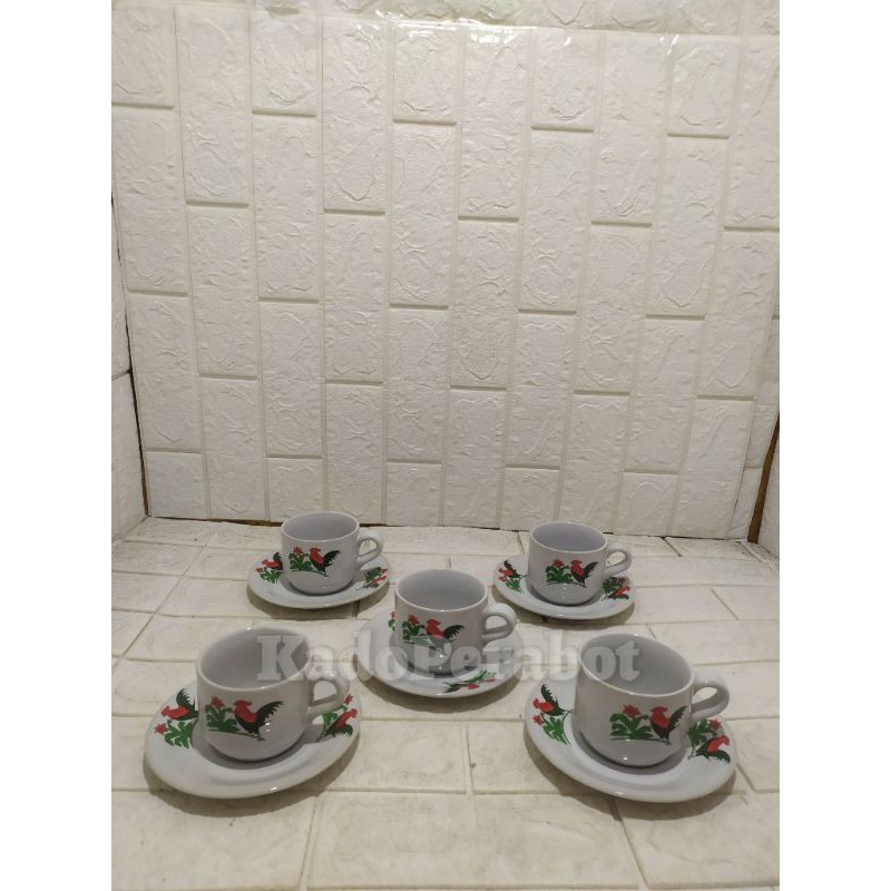 gelas ayam set - cangkir keramik motif ayam - cangkir teh jadul