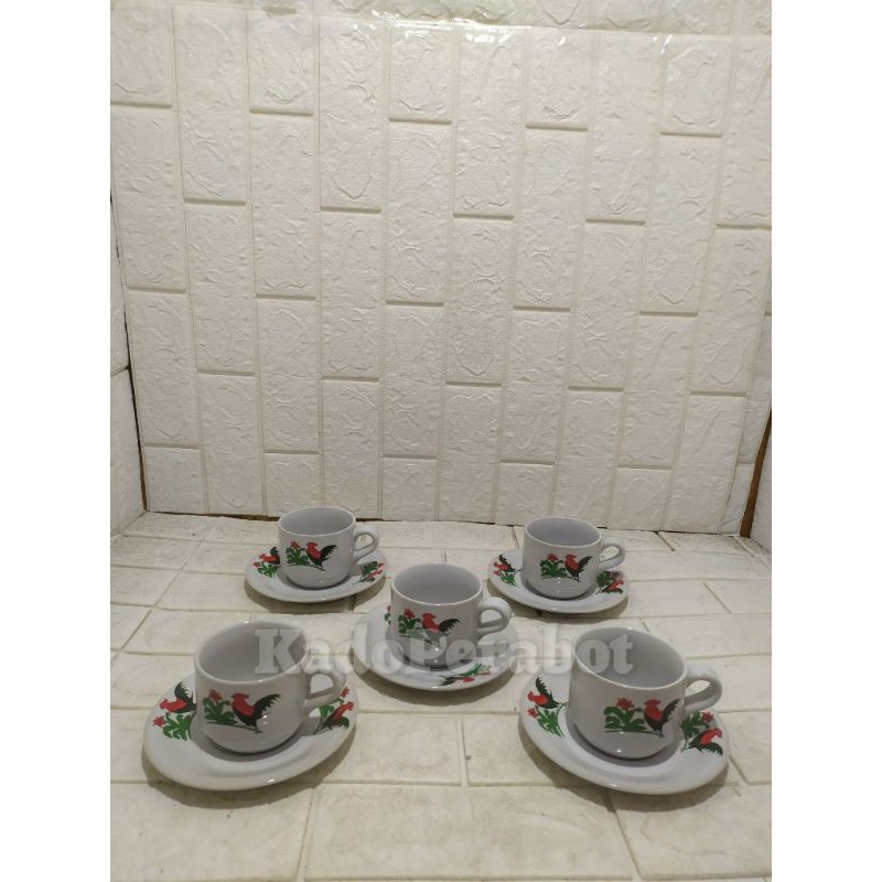 gelas ayam set - cangkir keramik motif ayam - cangkir teh jadul