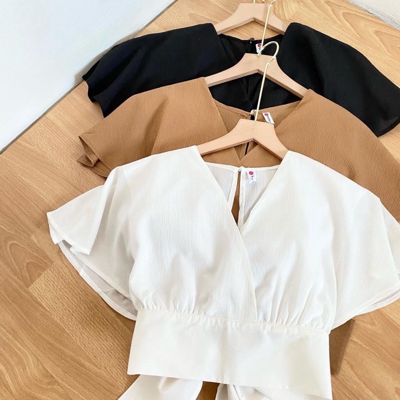 Vallina Femei Outer Blouse Slit Back Self Tie Wrap Crop Top Atasan Wanita Korean Style BOW Back Cardy