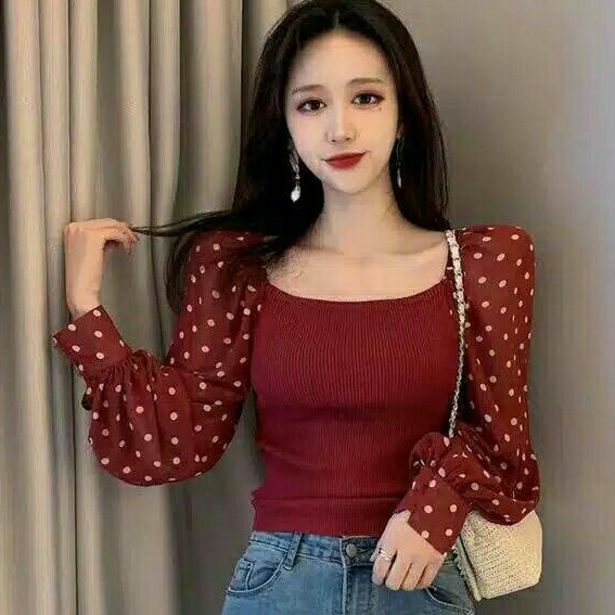 Baju wanita rajut knit lengan panjang polkadot import/ Baju rajut cewek rajut wanita korea kekinian
