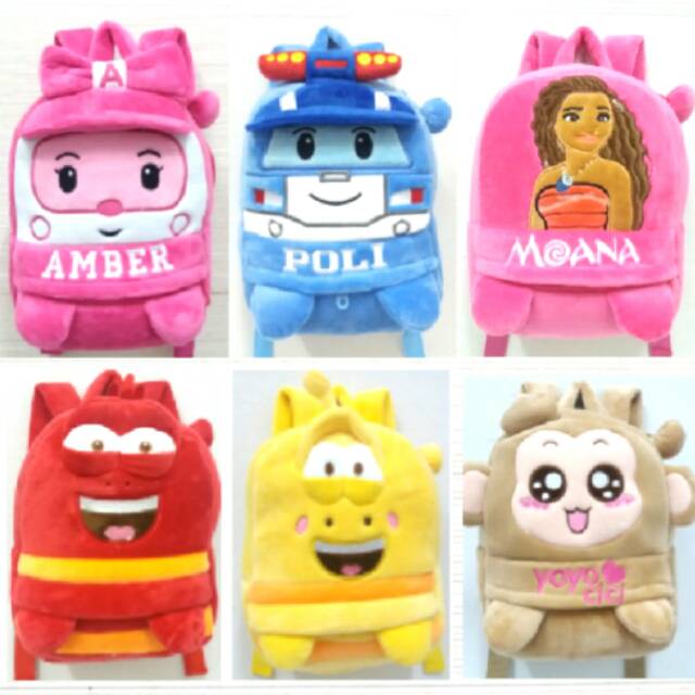 Tas ransel anak boneka pesawat amber poli moana larva Cici yoyo monkey ambulance sekolah paud