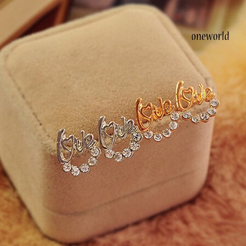 OW@ Fashion Women Elegant Shiny Rhinestone Love Letter Ear Stud Earrings Jewelry