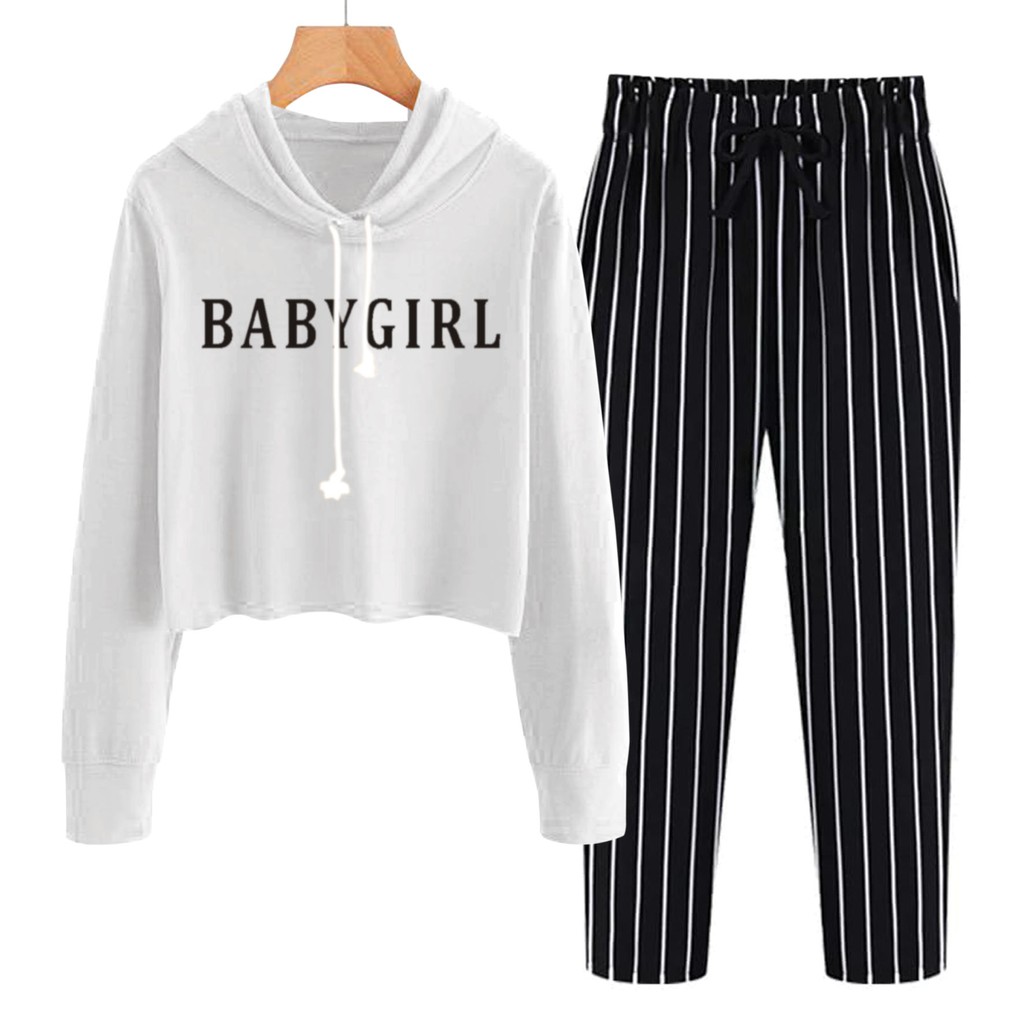 BESS - Baju Setelan Wanita Murah / Setelan Hoodie Crop + Celana Salur Hitam - BABYGIRL