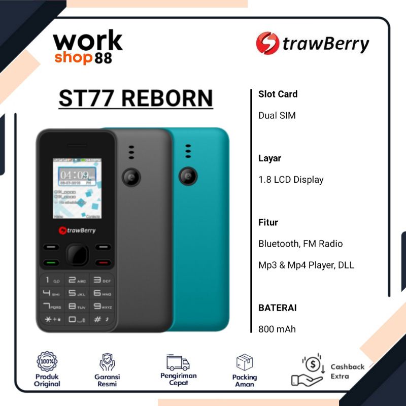 HP Baru Strawberry ST77 REBORN - New Original Garansi Resmi - Candybar, Dual SIM, Mp3 Mp4 Player, Ga