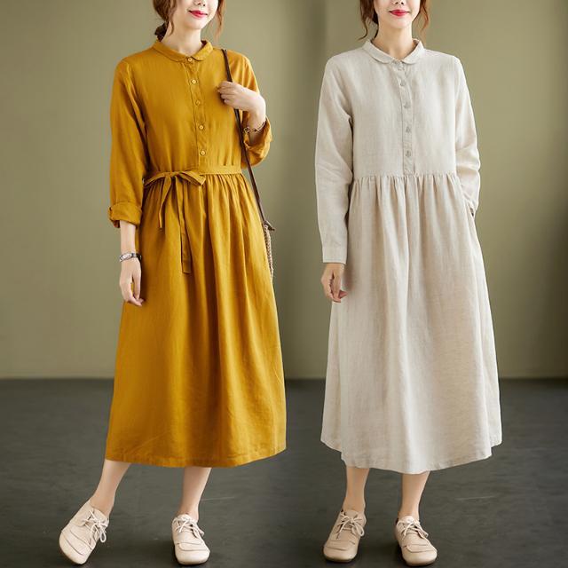 Autumn Women Fashion Long Sleeve Cotton Linen Shirt Long Dress