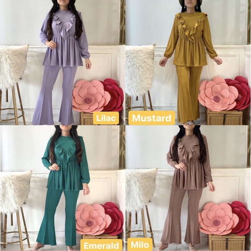 ANGGUN RUFFLE SET | ONE SET PREMIUM BAHAN PLEATS IMPORT | SETELAN DAPAT BAJU + CELANA