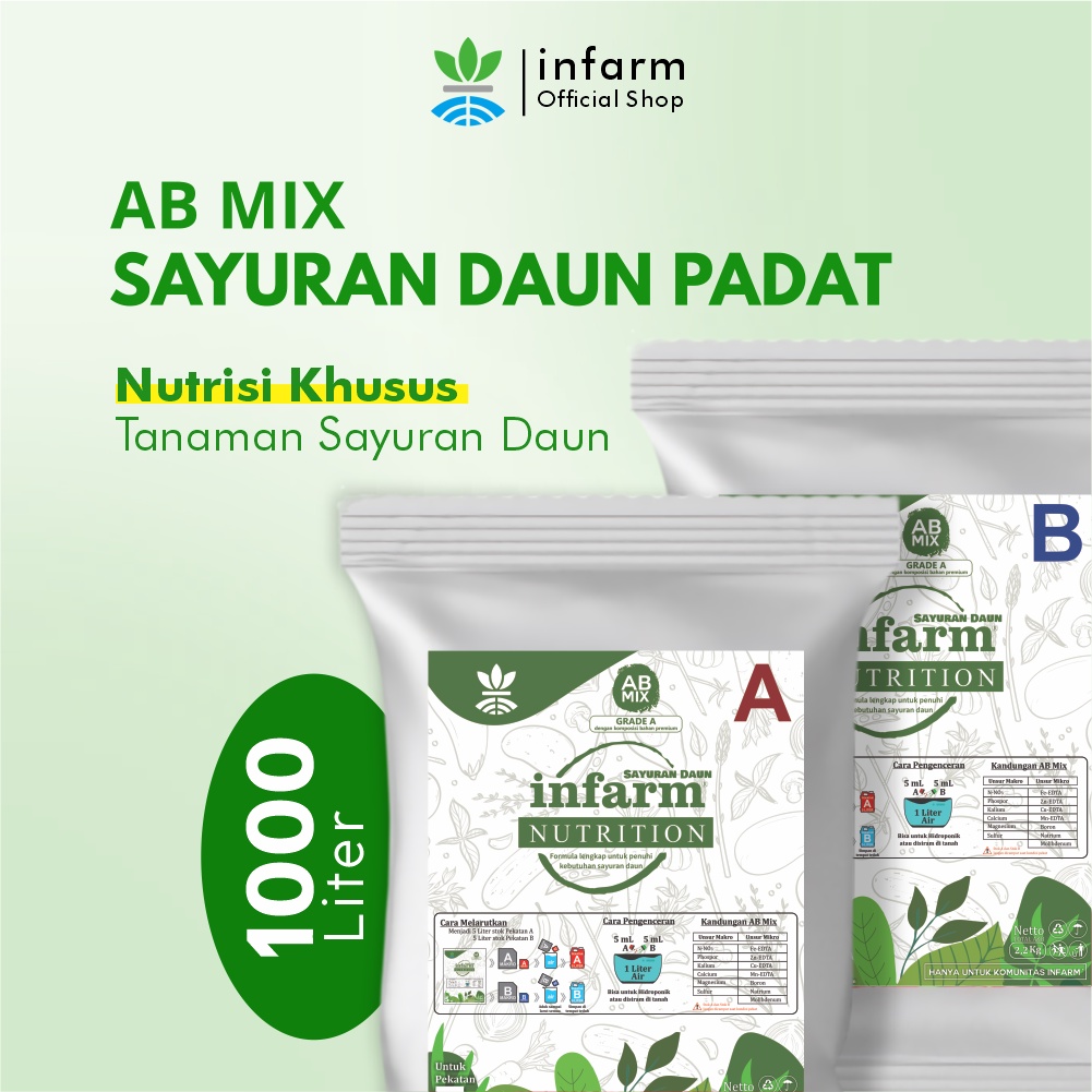INFARM - Nutrisi AB Mix Besar Sayuran Daun Pupuk Konvensional Tanah dan Hidroponik untuk 1000 Liter