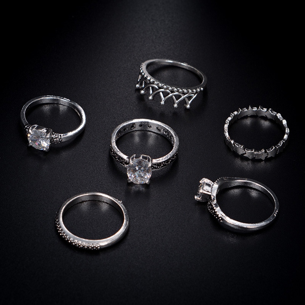 Hu Hu Hu Hu Hu Alat Bantu Pasang Kacamata♡ 6pcs Cincin Knuckle Antik Desain Mahkota Infinity Hias Berlian Imitasi Untuk Wanita