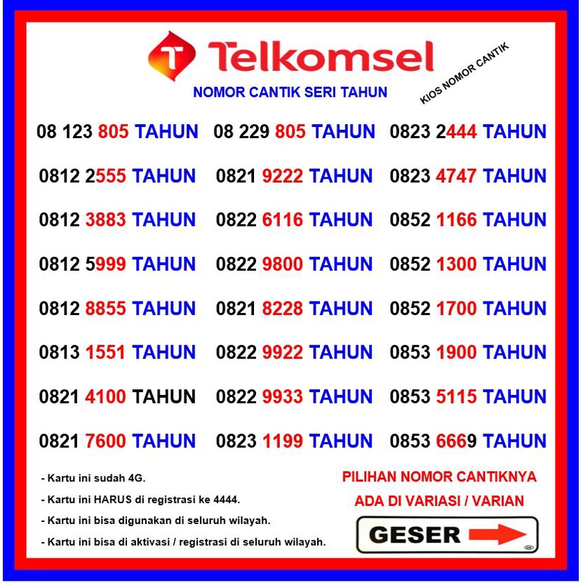 Kartu perdana nomor cantik tahun murah rapih nomer cantik simpati telkomsel AS seri tahun lahir 4G b
