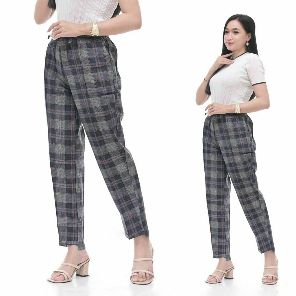 Celana Wanita Kekinian Motif Kotak Cantik Baggy pants Bahan katun Rami Original