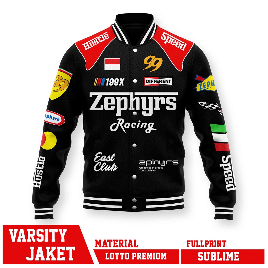 VARSITY JACKET RACING NASCAR HUSTLE SPEED ZEPHYRS BLACK FULLPRINT