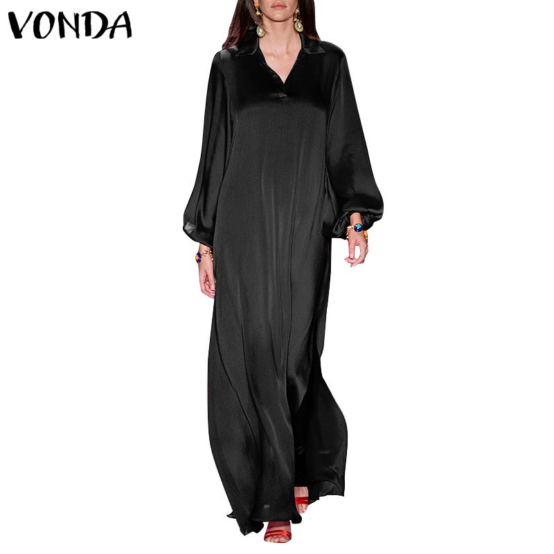 Vonda Women Casual Long Sleeve Lapel Collar Loose Plain Maxi Dress