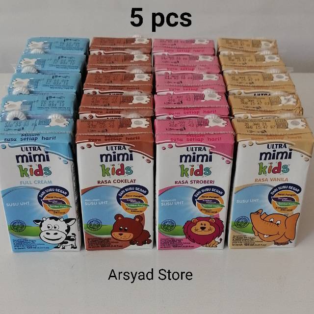 

Ultra Mimi susu UHT 125 ml 5 pcs dan 1 pcs : vanilla, coklat, stroberi, full cream