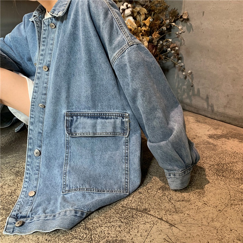 longgar kasual jaket saku denim besar wanita Korea all-cocok dengan warna retro yang solid