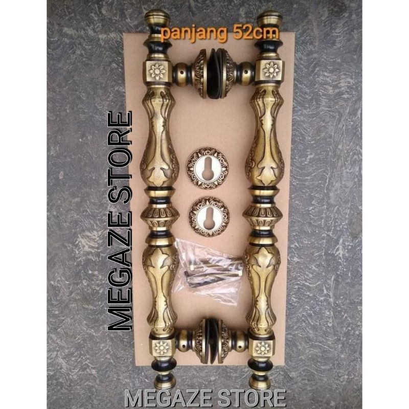 Paket Lengkap Handle Pintu Rumah Baut Tembus Motif Bintang Kotak Handel Pintu Kuningan Panjang 52 cm