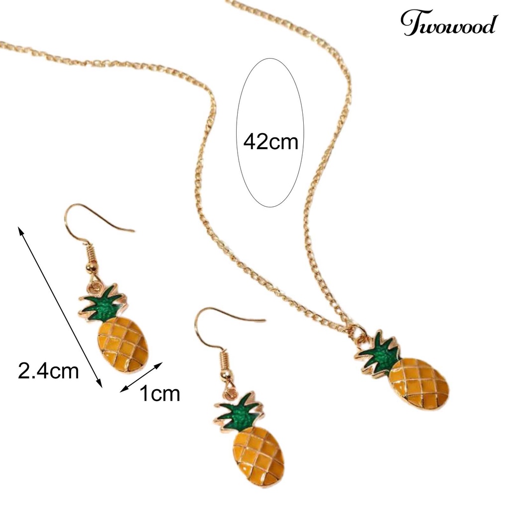 Twowood 2Pcs/Set Piercing Cute Necklace Earrings Set Alloy Pineapple Pendant Necklace Ear Hooks Jewelry Accessory
