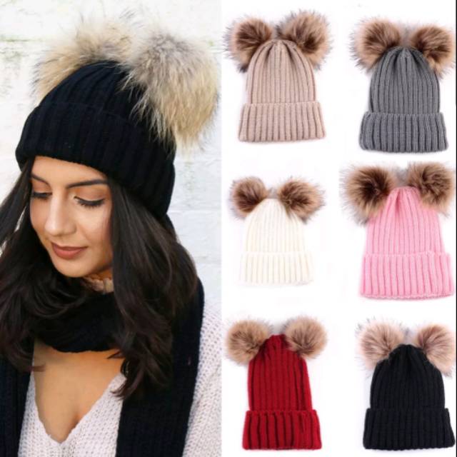 Winter Knitted Pompom Fur Beanie Hat Topi Kupluk Rajut Adult / Kids