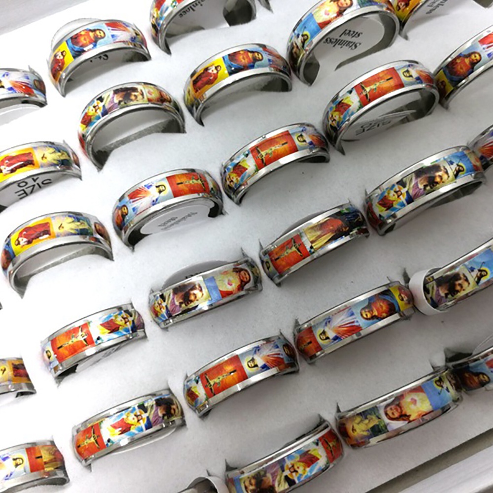 Hu Hu Hu Hu Hu Alat Bantu Pasang Kacamata♡ Cincin Bahan Stainless Steel Desain Lukisan Cat Minyak Yesus Untuk Priawanita