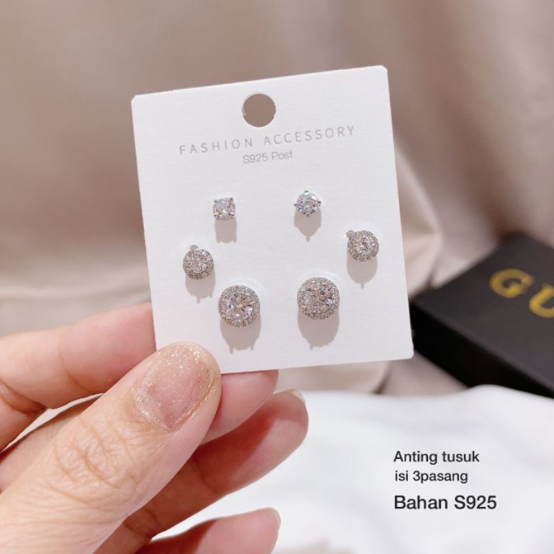 Anting Silver925 Perak Mata Kilau isi 3set anting silver Anti Karat anti alergi berlian kilap AN407