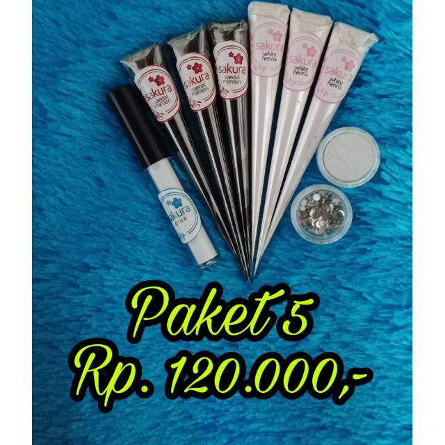 

PAKET HEMAT 5 HENNA SAKURA / WHITE HENNA / HENNA PUTIH / HENNA MAROON / HENNA WATERPROOF / HENNA PENGANTIN