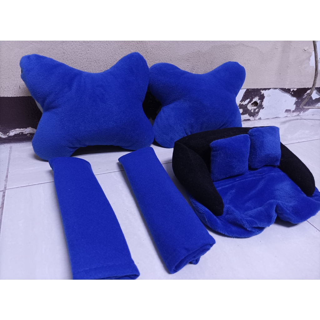 Bantal Mobil 3in1 BIRU POLOS Car Set Headrest Sandaran Leher Kepala Biru Polos