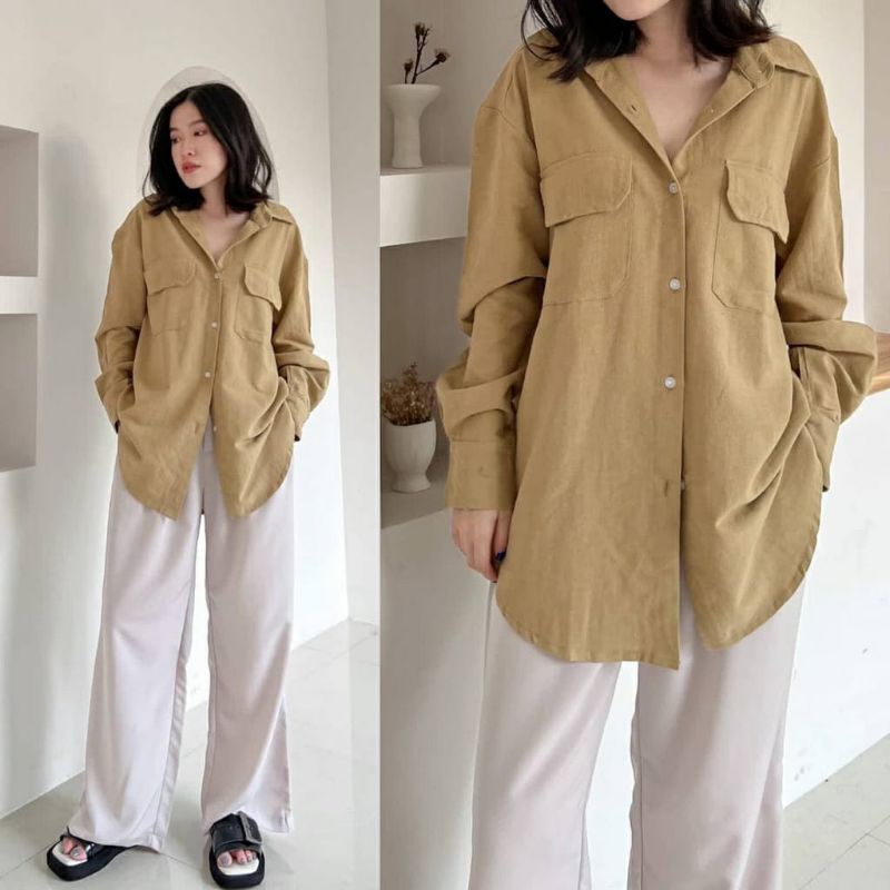 NINDY OVERSIZE LINEN POCKET SHIRT - KEMEJA WANITA POCKET SHIRT