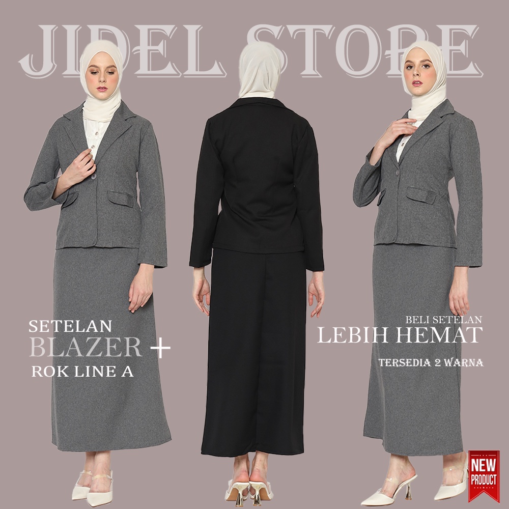 Setelan Blazer Rok Set Wanita, Satu Set Blezer Panjang Rok LINE A Hitam dan Abu Cewek Formal Kerja K
