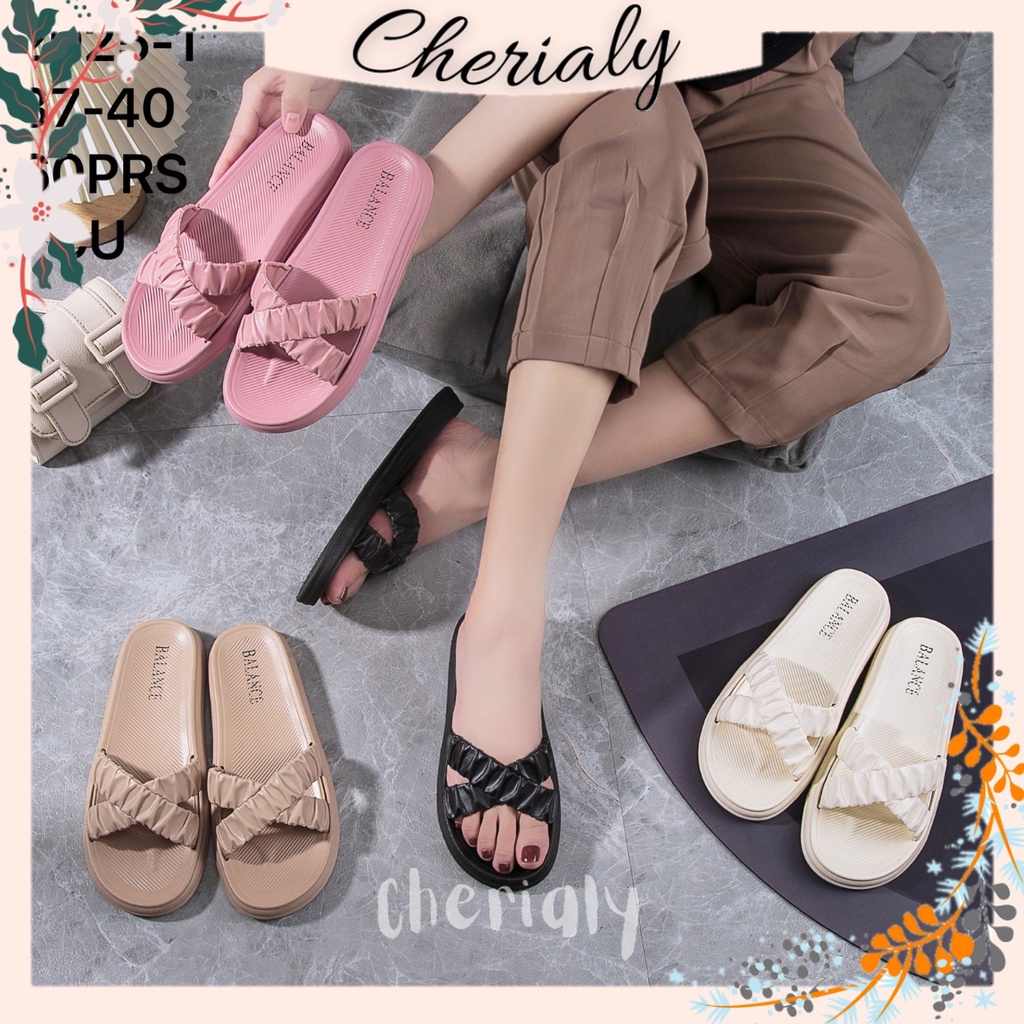 BALANCE Sandal Slop Jelly Wanita Karet PVC Empuk Elastis Tebal Non-Slip Motif Serut Silang 2025-1