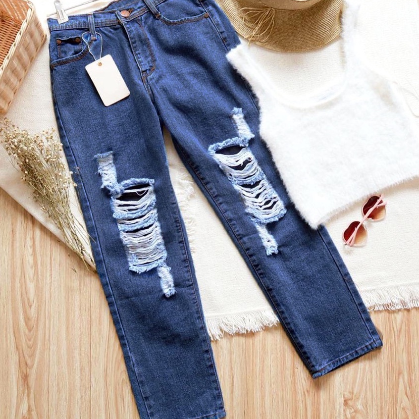 HOPYLOVY Celana Boyfriend Jeans Wanita Sobek Ripped Furing Gianna