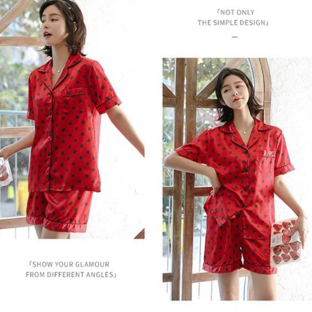 Piyama satin import / baju tidur wanita / piyama ice silk sutera-Polka maroon