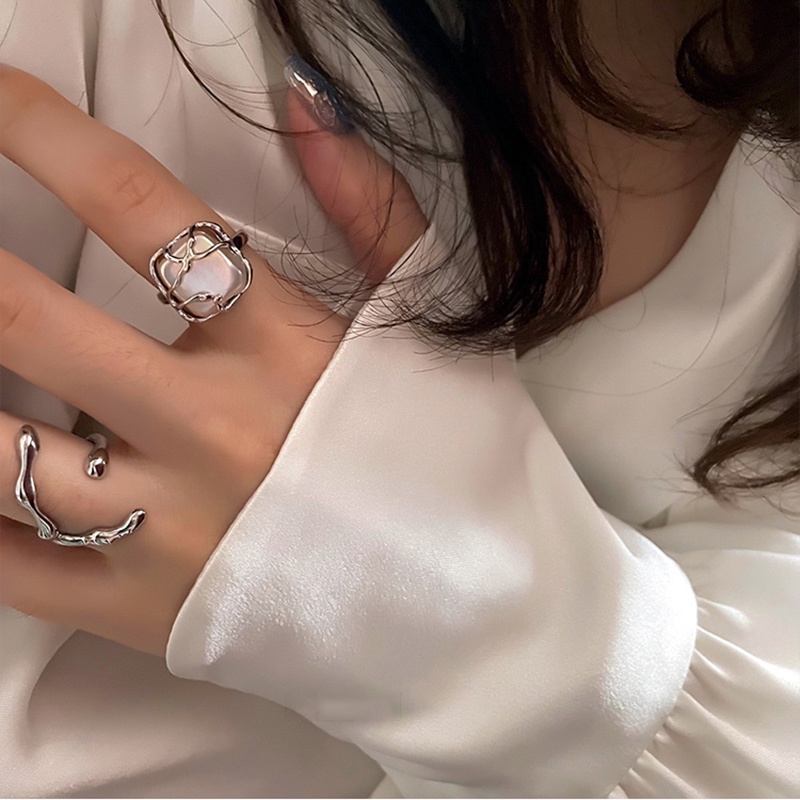 Set Cincin Model Terbuka Desain Geometris Aksen Mutiara Warna Silver Untuk Wanita