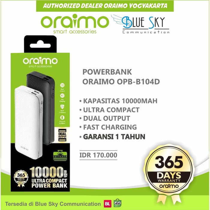 POWERBANK PORTABLE 10000MAH ORAIMO OPB-B104D DUAL USB FAST CHARGING