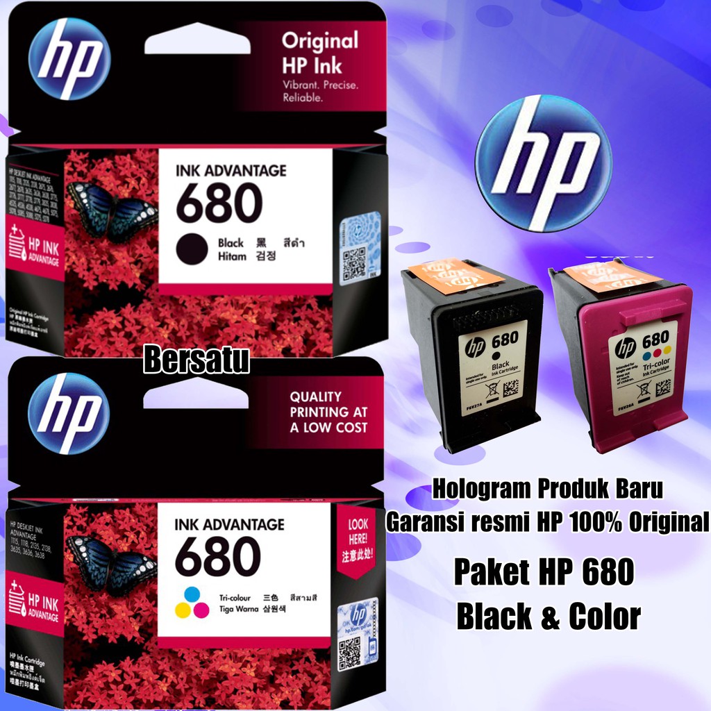 Paket ⑵ Cartridge HP 680 Ori ∯ Black/Bk Hitam =1 &amp; Color/Colour/Cl/Warna =1 STOK READY ♕ L0 SM Q2
