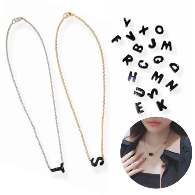 Kalung Inisial Liontin Black Initial Resin Hitam Glitter Huruf Alphabet Necklace