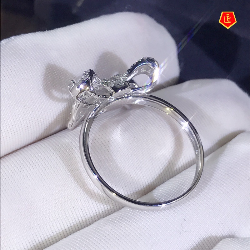 [Ready Stock]Bow Ladder Square Zircon Ring Beautiful Luxury Temperament Female